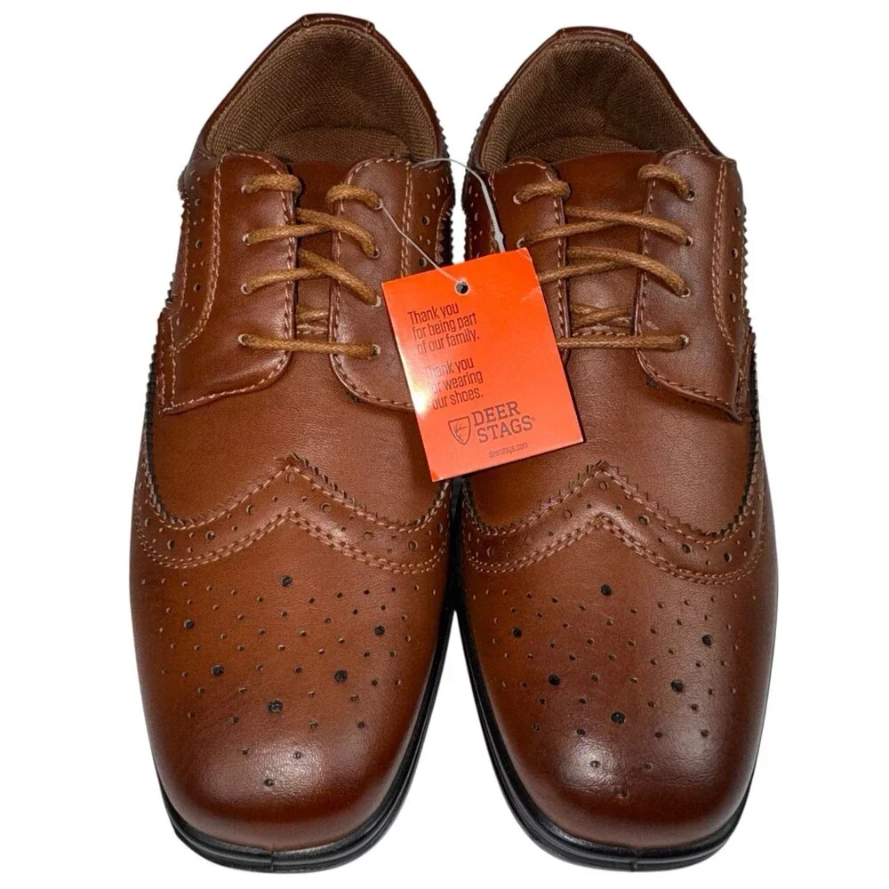 Deer Stags Boys Size 3 M Oxford Dress Shoes Ace Wing Tip Luggage Brown New